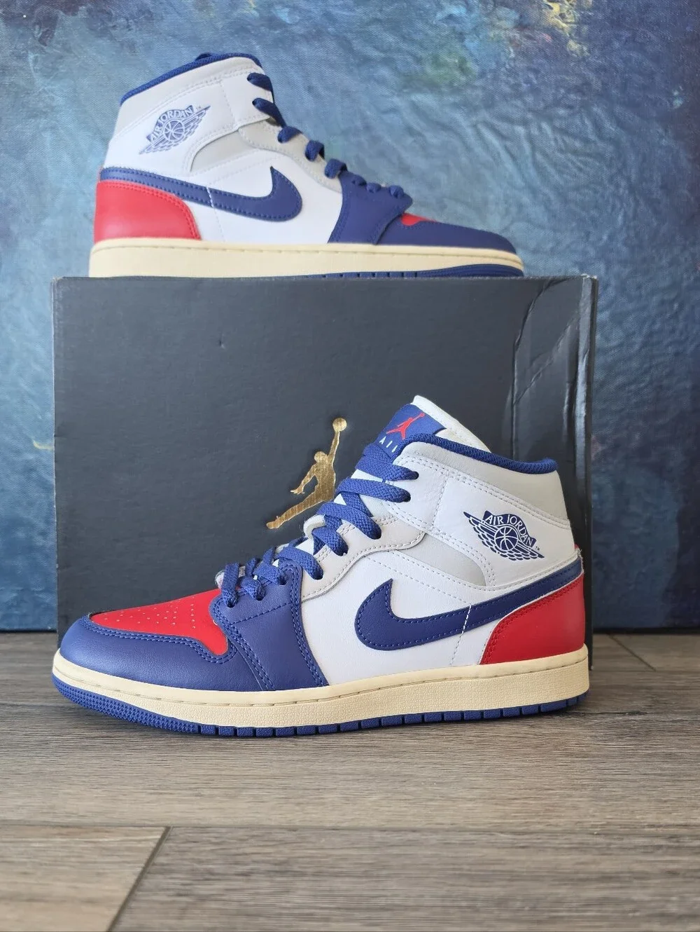 Jordan Men’s Mid Sneakers in White, Blue & Red